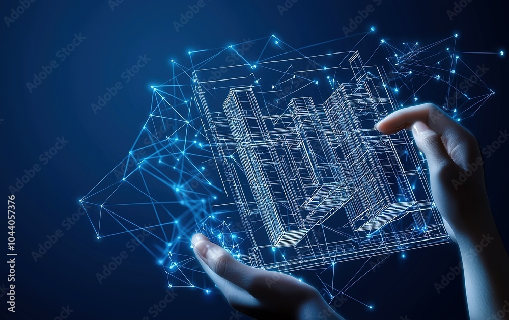 Poster exploring digital architecture through hands-on interaction with 3d holographic models in a futurist