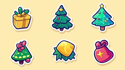 Christmas stickers with traditional holiday icons like stockings, Christmas trees, and bells, ready to bring holiday cheer.
