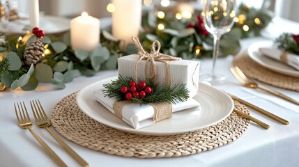 A carefully arranged dining table featuring white plates, fresh herbs, and elegant glassware, perfect for a spring celebration with family and friends