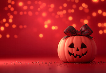 Halloween background design with a spooky pumpkin and glowing lights design, on a red backdrop with a copy space area for text design