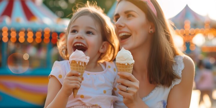 Mother and daughter eating ice cream cones in the park, happy family photo