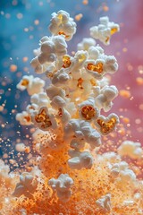 Popcorn kernels exploding into a flurry of popcorn in mid-air.