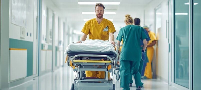 Medical Team Transporting Patient on Gurney in Hospital Corridor, Emphasizing Healthcare Teamwork