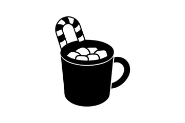 A cup of hot cocoa with marshmallows and a candy cane stirrer.silhouette vector illustration .