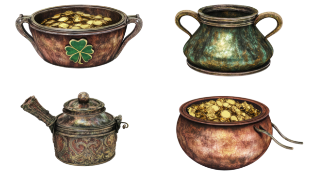 Gold Coin-filled Leprechaun Pots on Clear Background Generative AI