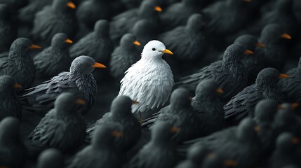 Fototapeta premium Elegant white bird standing apart from colorful group of feathered birds