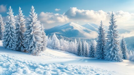 Fototapeta premium A snowy landscape with frosted pine trees.