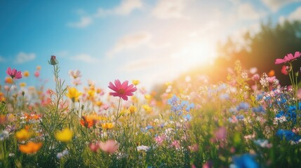Fototapeta premium A sunlit field of wildflowers under a clear sky.