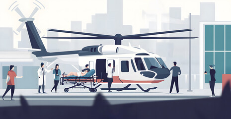 Illustration of medical workers transporting a patient on a stretcher to an ambulance with a medical helicopter in the background.