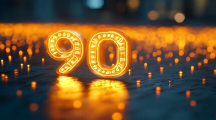 Glowing Number 90 in Futuristic Metal Font on Dark Background with Small Lights Around