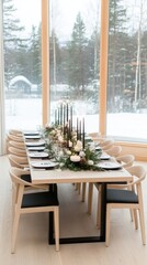 Fototapeta premium Candles glow warmly next to beautifully arranged pinecones and fresh greenery on a snowy table, creating a festive atmosphere enhanced by twinkling lights