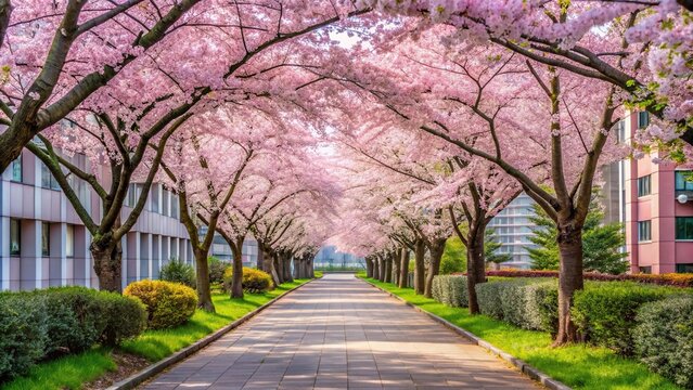 Scenic path lined with cherry blossoms leading to building