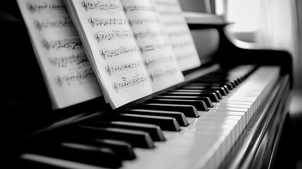 The polished piano keys are highlighted with sheet music arranged gracefully, suggesting a musical session in progress