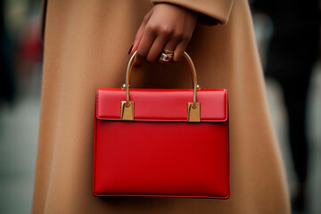 Close-up of an elegant red handbag with sleek gold handles and a structured design. Perfect for fashion and luxury accessories.