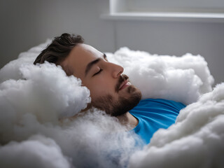 Un hombre durmiendo plácidamente entre nubes acolchadas
