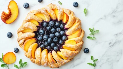 Peach and blueberry galette, isolated on a white marble background, garnished with peach slices and fresh blueberries