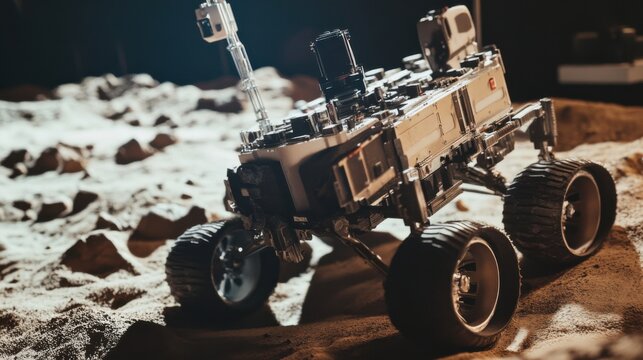 Space exploration rover testing ground, planetary surface simulation with Mars rovers and mission control, Innovative style