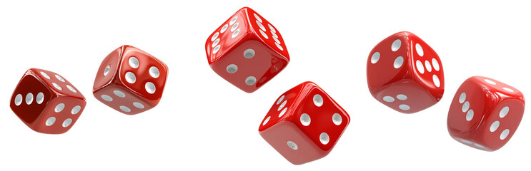 A set of red dice with white dots in mid-roll, capturing movement and chance. Ideal for game, casino, and gambling-related designs.