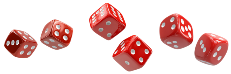 A set of red dice with white dots in mid-roll, capturing movement and chance. Ideal for game, casino, and gambling-related designs.