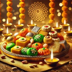 Naklejka premium Traditional Mithai sweets for Diwali celebration, featuring festive symbols in India and Fiji 