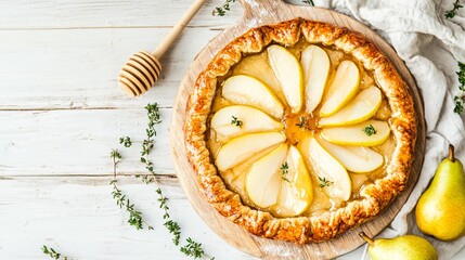 Rustic pear and honey galette with a flaky crust, placed on a light wooden board, decorated with pear slices and a drizzle of honey