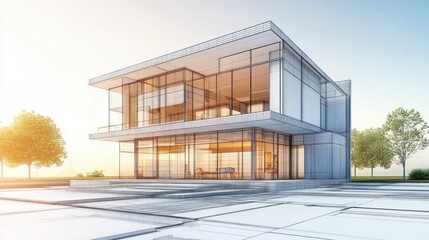 Obraz premium A modern glass building showcasing contemporary architectural design and spacious interiors.