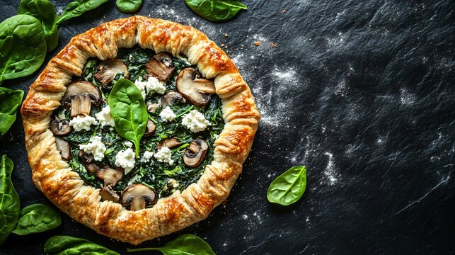 Savory mushroom, spinach, and ricotta galette, isolated on a black granite surface, garnished with fresh spinach leaves and crumbled ricotta - Powered by Adobe