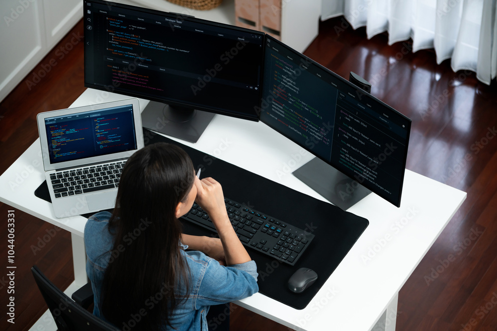Poster top view young asian it developer creating with typing online information on pc with coding program 