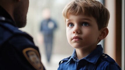 A little boy talking to a cops at his house