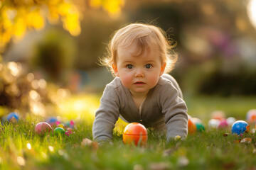 Baby crawling on grass surrounded by colorful balls in sunlight