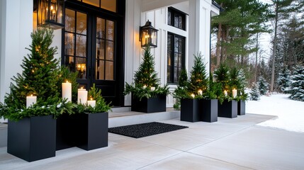 The cozy porch features lush potted Christmas trees adorned with lights, a vibrant wreath on the door, and warm holiday spirit in a welcoming outdoor setting