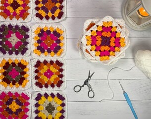 Crochet granny squares samples multicolor different colors photo handmade craft hobby 