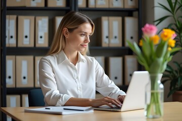 Professional in white blouse working at organized desk with spring flowers and copy space