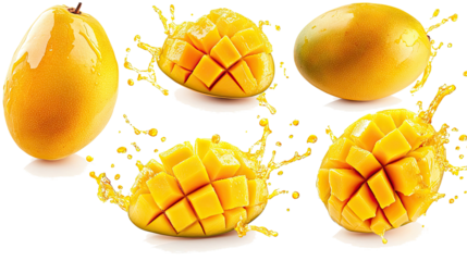 Fresh Mangoes With Vibrant Juice Splashes on Transparent Background Generative AI
