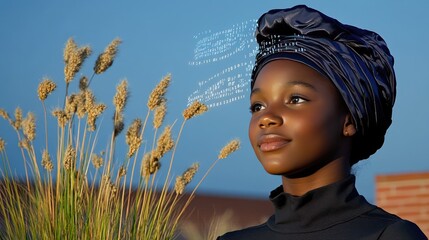 The artwork features a Black woman whose face displays flowing binary code, set against a vibrant blue background with motion effects