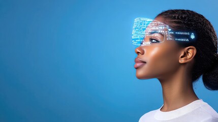 The artwork features a Black woman whose face displays flowing binary code, set against a vibrant blue background with motion effects