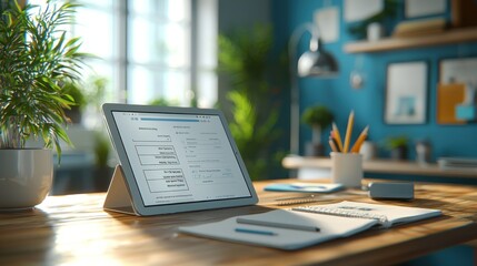 An onboarding checklist on a tablet sits among learning materials in a bright and inviting workspace, promoting a positive onboarding experience.