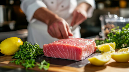 Chef preparing fresh tuna sashimi with lemon and parsley in a professional kitchen