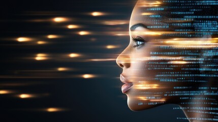 The artwork features a Black woman whose face displays flowing binary code, set against a vibrant blue background with motion effects