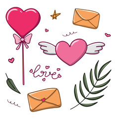 A pink heart-shaped balloon with wings, a bow, and the word Love written on it. Surrounding the heart are various other elements such as a star, an envelope, and a leaf. a set of isolated elements for