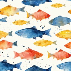 Colorful watercolor fish swimming across a light background