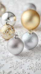 Fototapeta premium Elegant silver and gold christmas ornaments on snowflake background