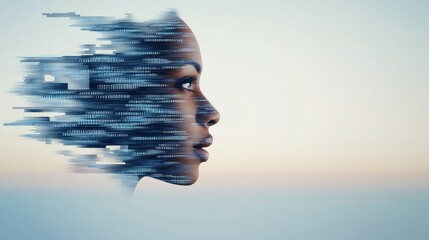 The artwork features a Black woman whose face displays flowing binary code, set against a vibrant blue background with motion effects