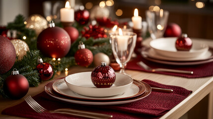 Elegant christmas table setting with red ornaments and candlelight ambiance