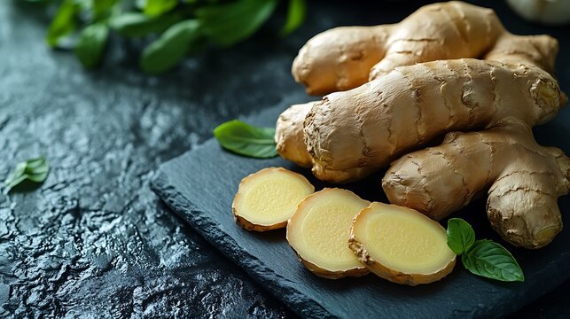Fresh ginger root and slices on a black slate surface.