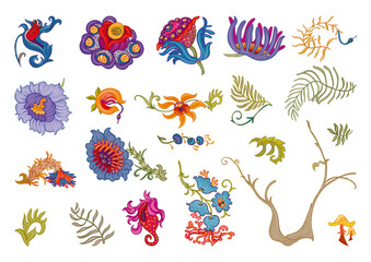 Obraz premium Fantasy, alien hypnotic flowers, decorative flowers and leaves. Cartoon style. Millefleurs trendy floral design. Clip art, set of elements for design Outline hand drawing vector illustration.