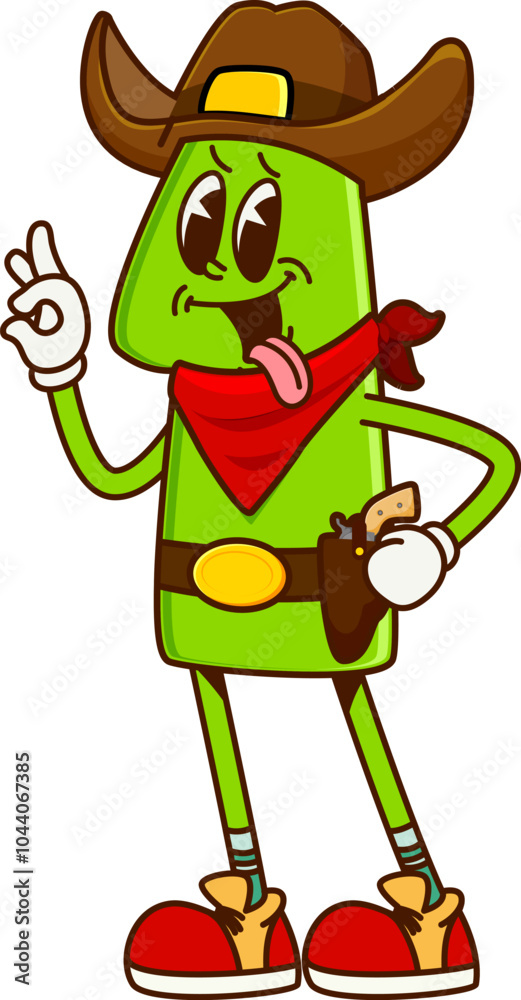 Poster Cartoon groovy math number one cowboy and bandit character. Isolated vector 1 personage armed with a gun, rides into numerical adventures on the Wild West, solving equation with sharp calculations