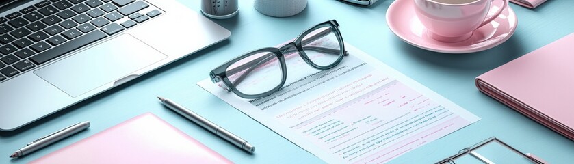 A modern workspace featuring a laptop, glasses, and documents on a pastel blue background
