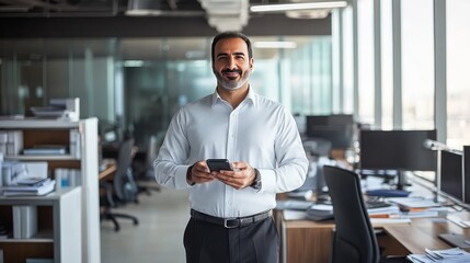 Fototapeta premium Confident Businessman Using Smartphone in Modern Office, Business Technology Concept.