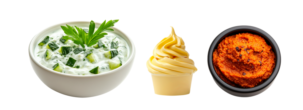 Creamy mayonnaise, tzatziki with dill and naan bread, red pepper paste garnished with fresh green herbs, making it perfect for dips or sauces, isolated on white transparent background. - Powered by Adobe